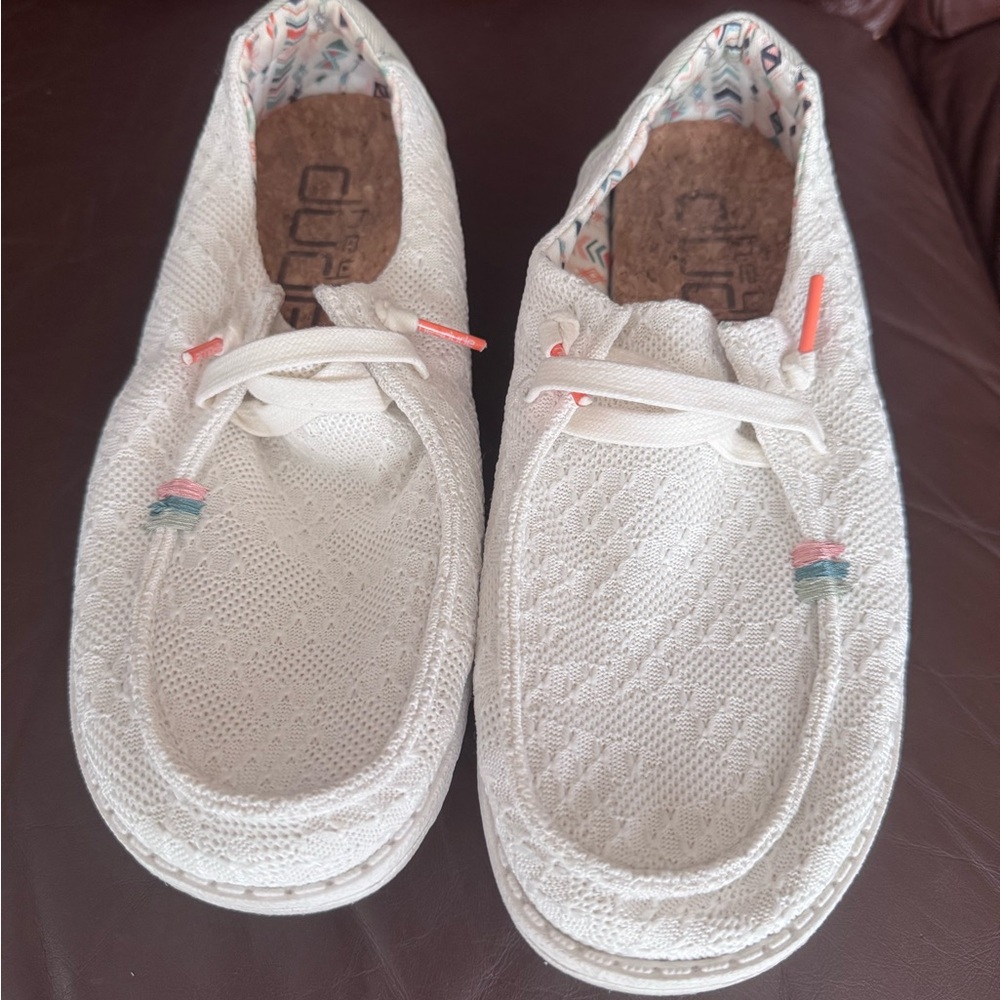 Hey Dude Women's White Knit Casual Shoes with Coral and Teal Accents